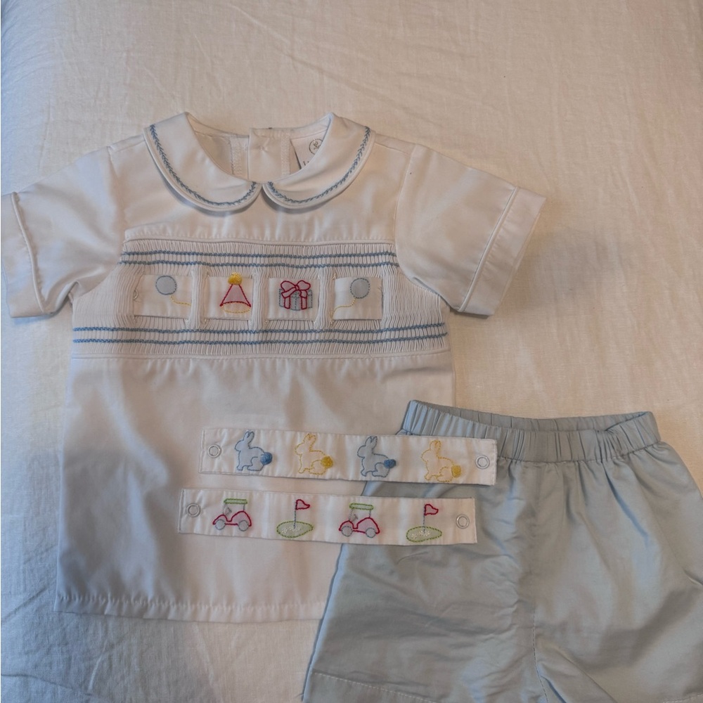 Lullaby Set 18m smocked matched set,interchangeable ribbon:Easter,Birthday,Golf